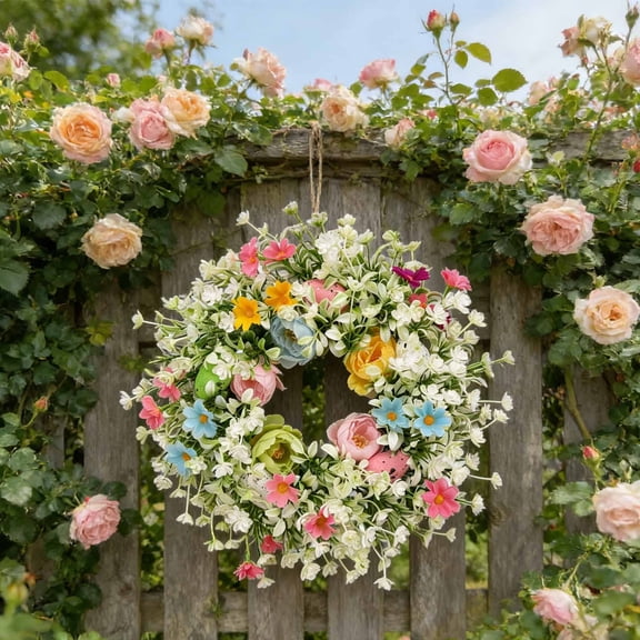 Easter Egg Wreath Artificial Floral Door Wreath with Egg Design for Front Door Wall Window Hanging in Home Entryway for Easter Party Holiday Decoration Welcome Gift