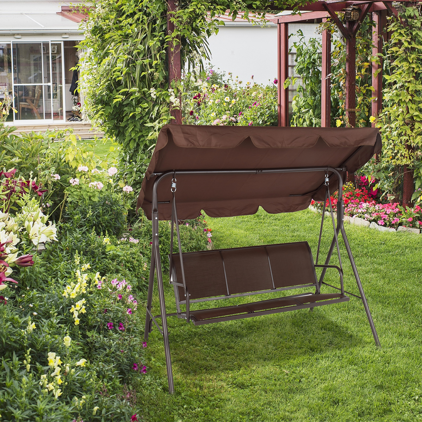 Goorabbit Swing Chair,Outdoor Hanging Bench,Swing Chair With Canopy Teslin Cushion 550lbs Load-Bearing Iron,66.93x 59.84x 26.35",Brown - image 5 of 14
