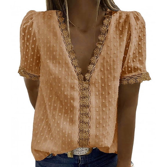 Tejiojio Women Clothes Women Fashion Lace Short Sleeve Casual T-shirt V-neck Solid Color Top