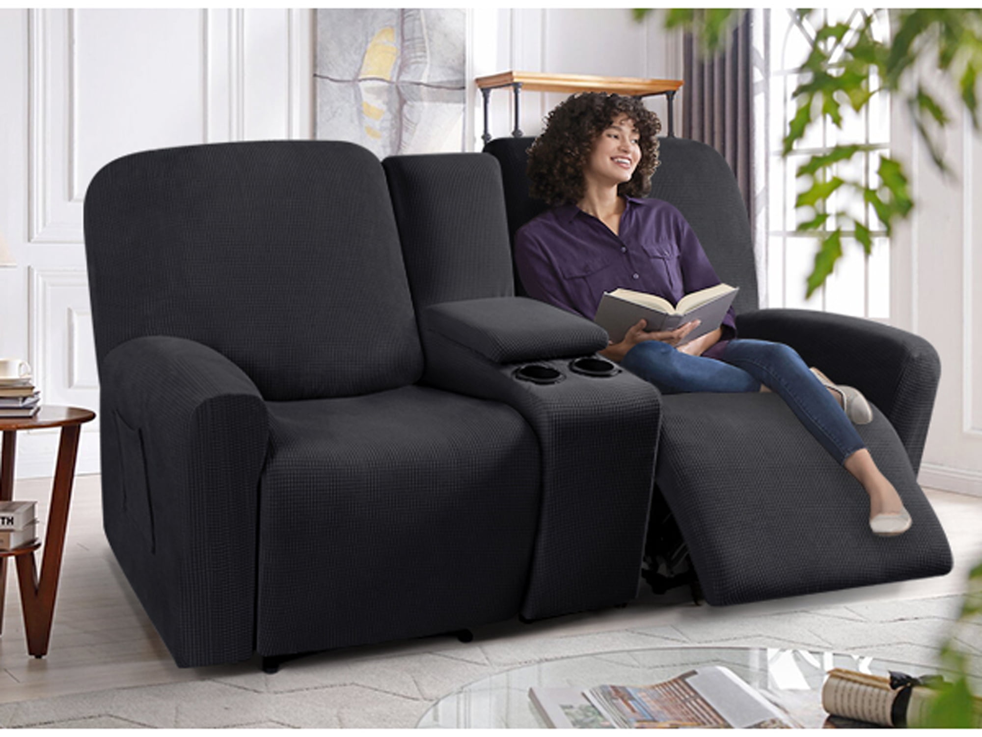TAOCOCO Stretch Loveseat Slipcover with Middle Console, 4-Pieces Reclining Sofa Cover for 2 Seat Couch Recliner Sofa Slipocvers Furniture Protector, Black