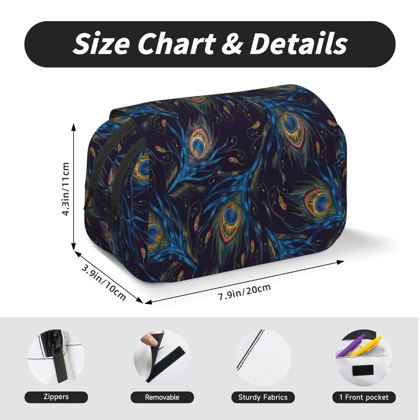 Rateoe Peacock Feathers Pattern Double Clamshell Pen Case, Storage Organizer with Two Zipper Compartments– Holds Up to 50 Pencils & Pens