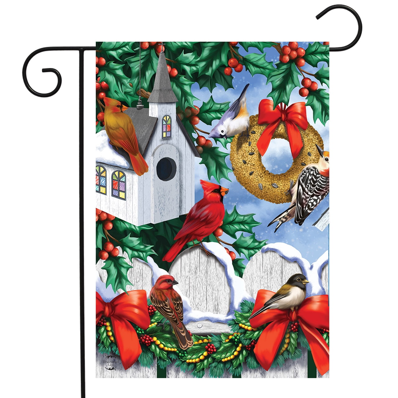 christmas-birdhouse-garden-flag-fence-holly-berries-12-5-x-18
