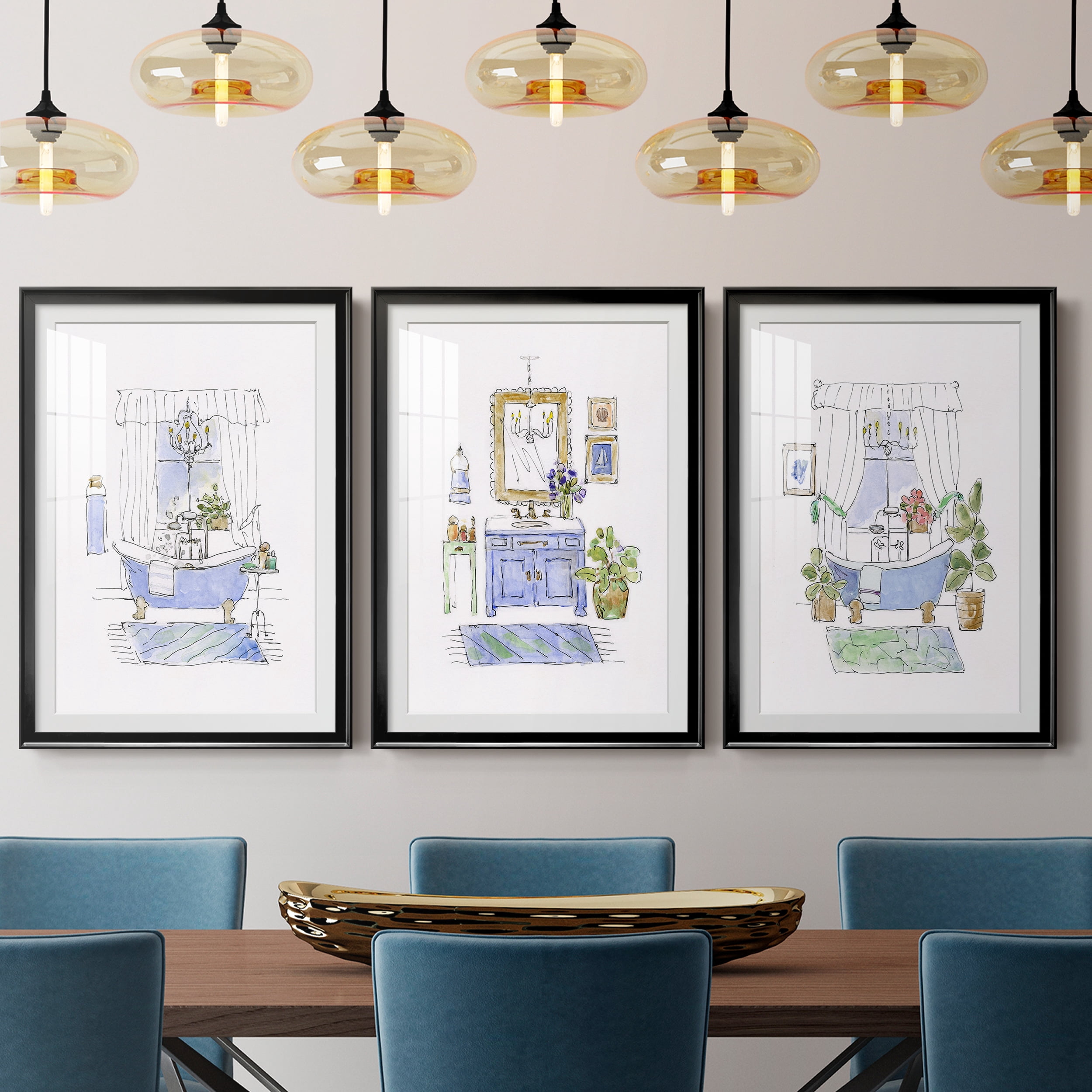 Sketchy Bath I Premium Framed Prints Set of 3 - Ready to Hang - 30.5 x 42.5 Each - Black Frame
