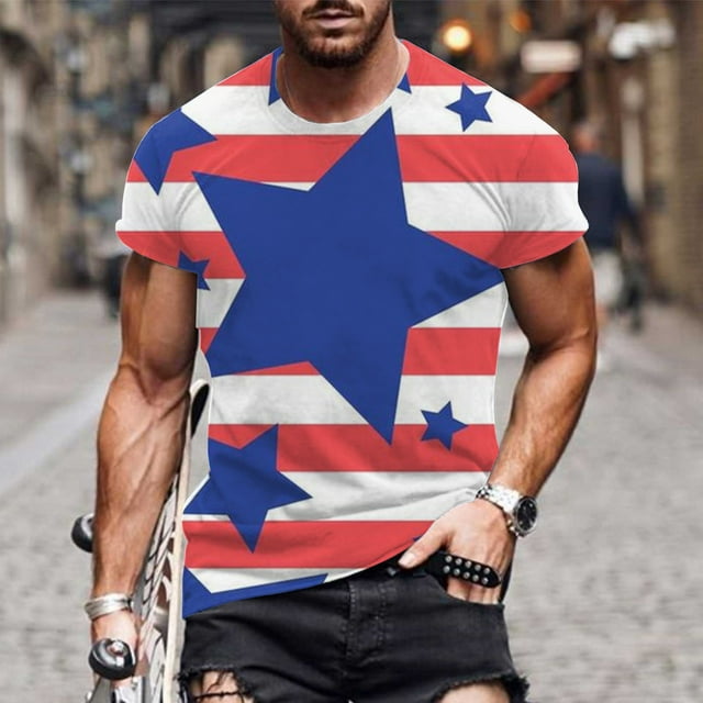 LSLJS T-Shirts Patriotiques pour Hommes T-Shirts à Imprimé Rayures de la Fête de l'Indépendance Col Rond Manches Courtes
