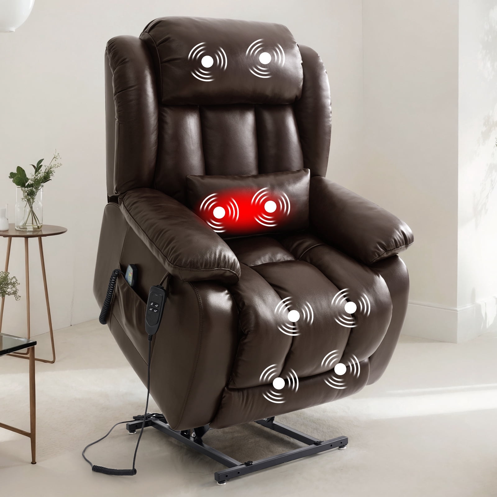 TEKAMON Infinite Position Lift Recliner Chair for Elderly with Heat Massage and Extended Footrest Lay Flat Sleeping Leather Dual Motor Power Lift Chair for Living Room (Brown)