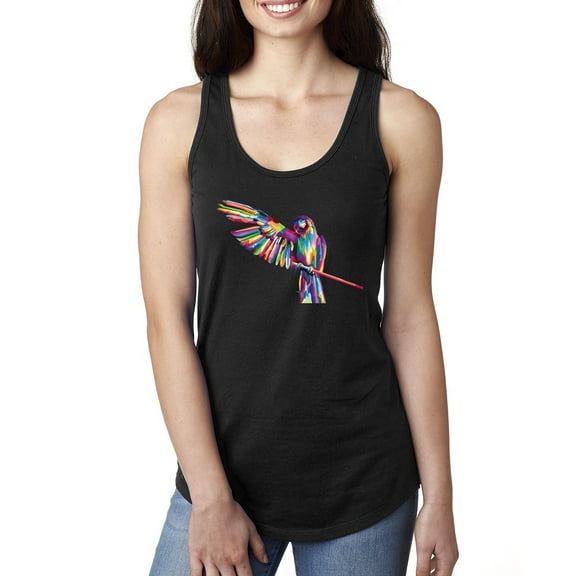Rainbow Trippy Psychedelic Parrot Fashion Ladies Racerback Tank Top, Black, Small