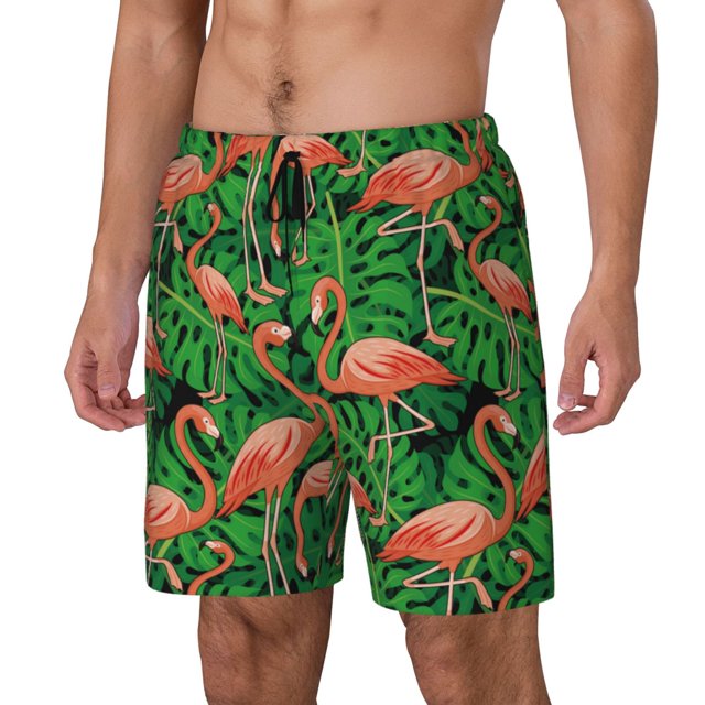 Cauagu Flamingo Print Mens Swim Trunks Quick Dry Board Shorts Swim Shorts with Compression Liner Bathing Suits-3X-Large