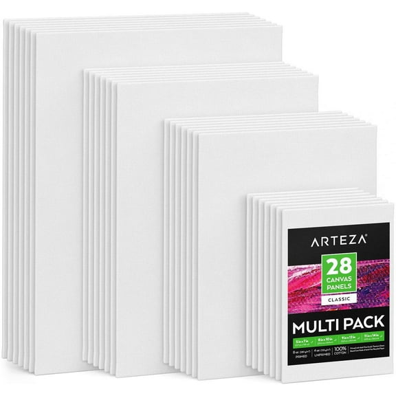 Arteza Canvas Panels, Rectangular, White, Multi Value Pack Multiple Sizes, Blank Canvas Boards for Painting - 28 Pack