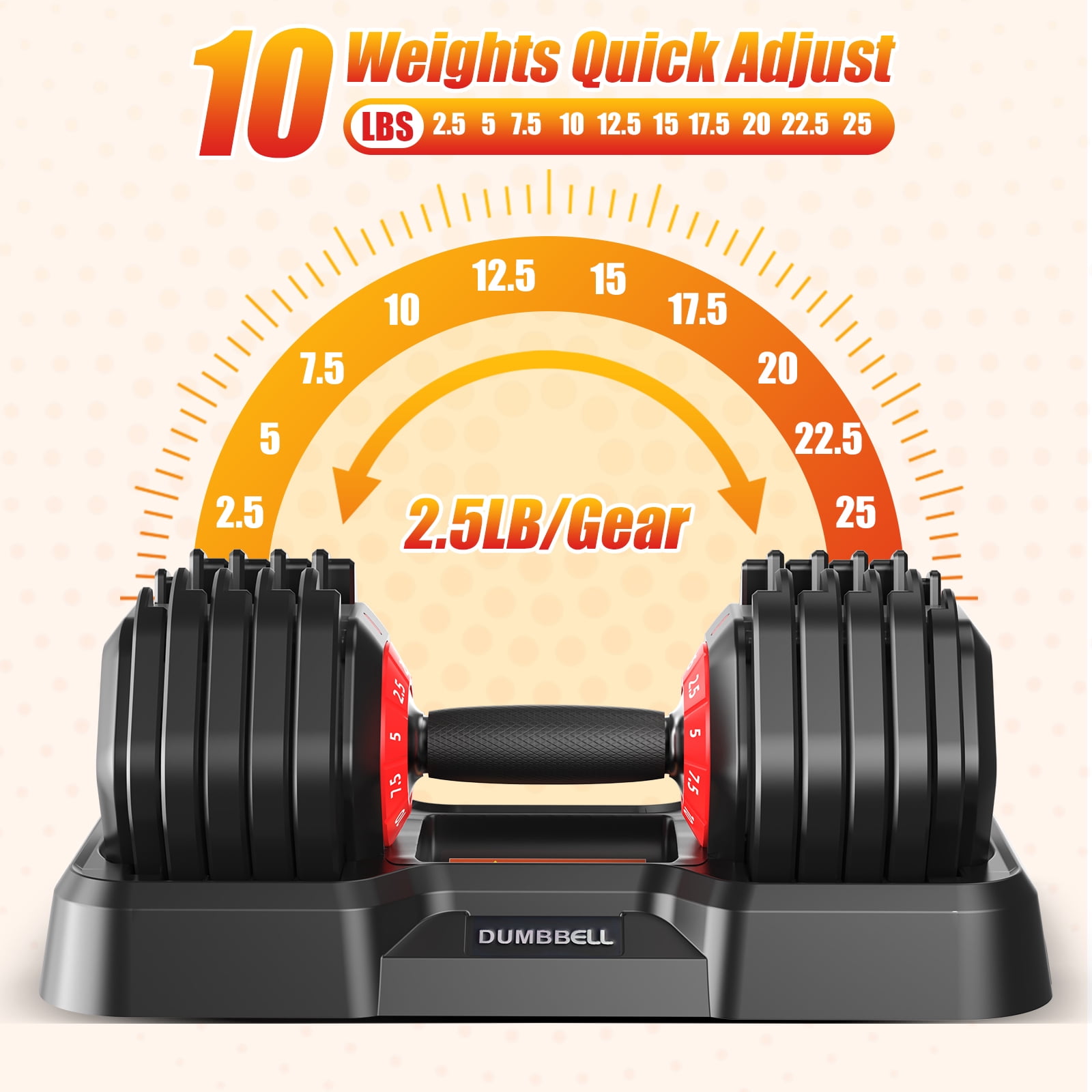 Hiaso 25lb 5-in-1 Adjustable Dumbbell with Plates & Rack-Space-Saving Free Weights for Home Gym, Full Body Workout for Women & Men