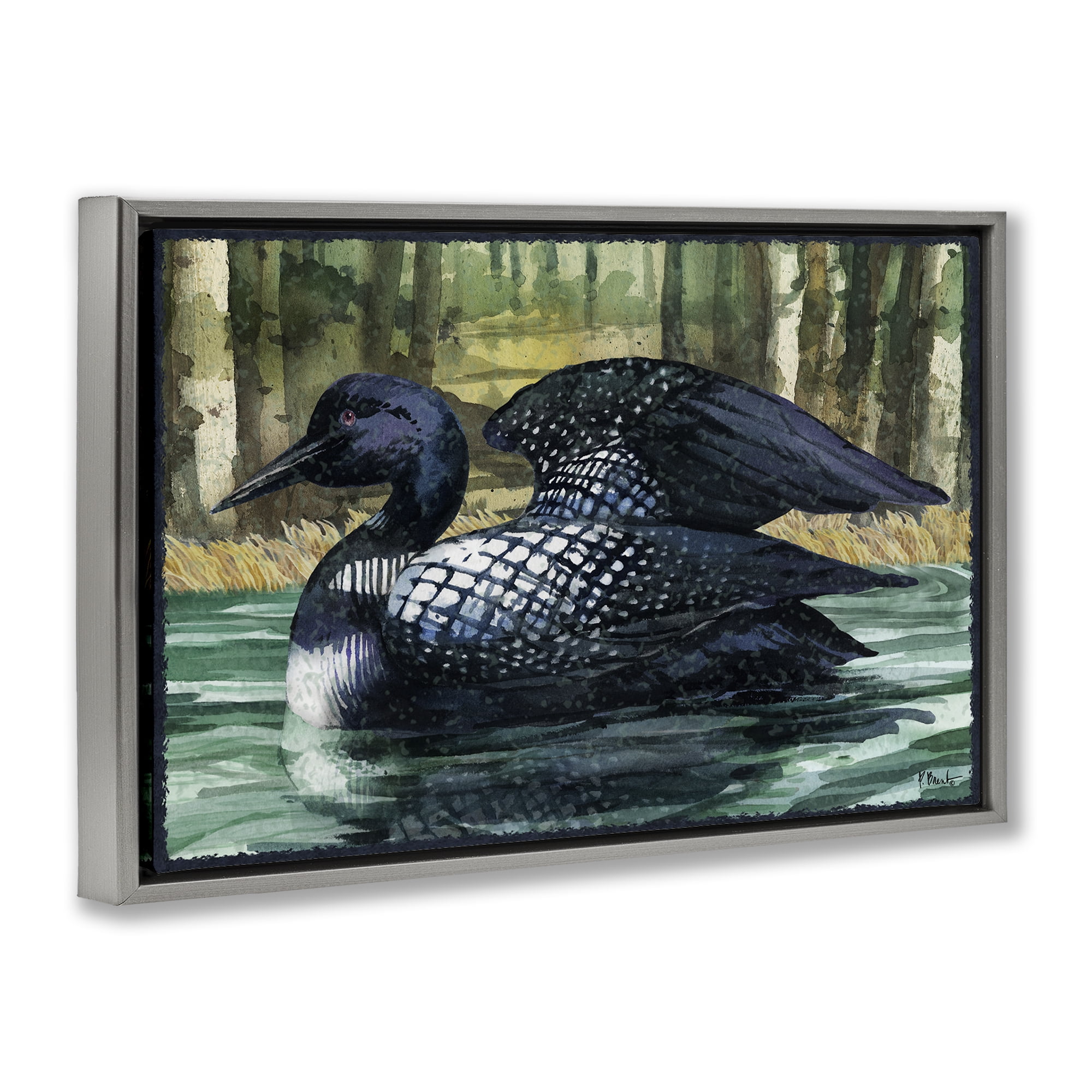 Stupell Industries Swimming Woodland Loon Animals Painting Gray Floater Framed Canvas Art Print Wall Art, 25 x 17