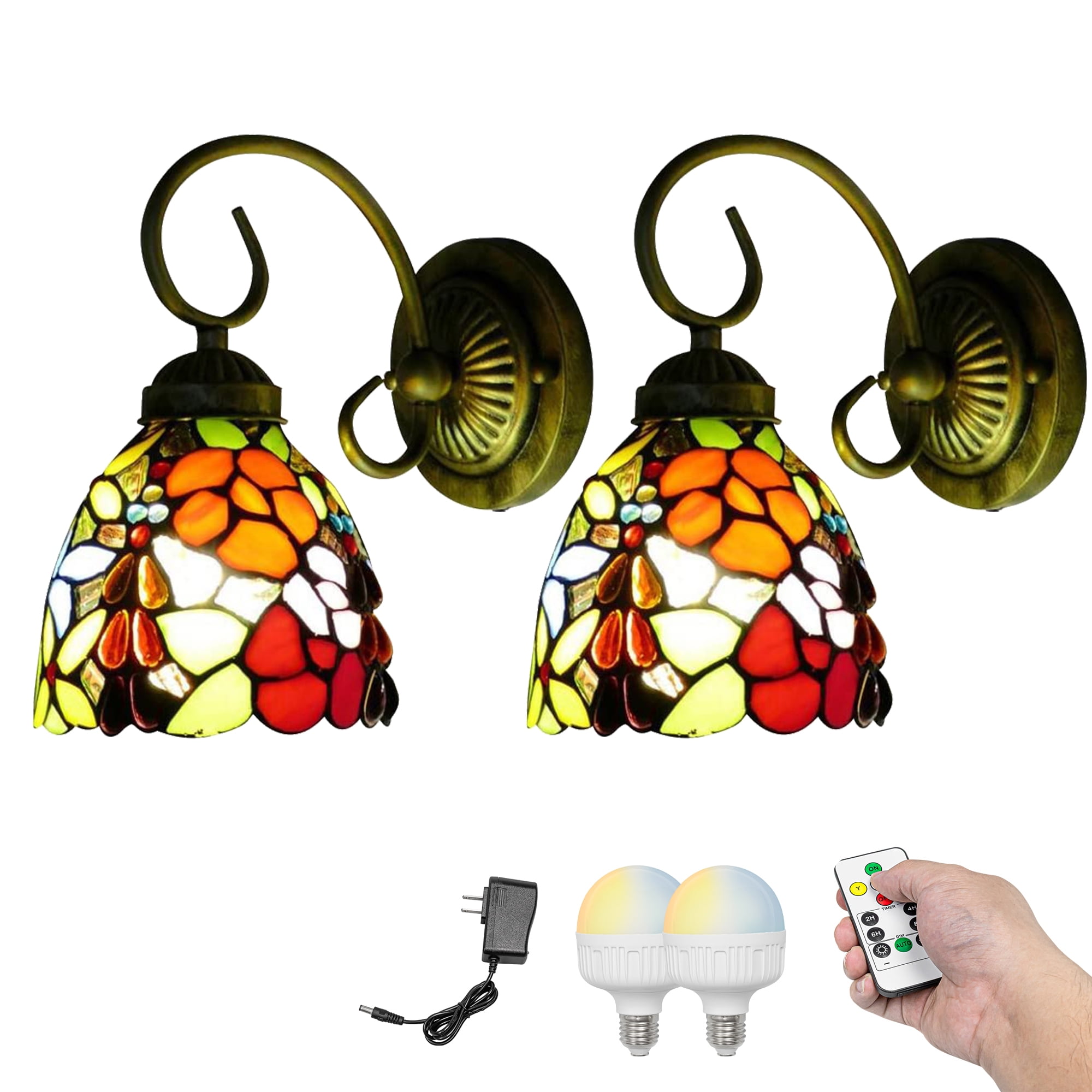 Kiven Battery Operated Wall Sconces, Tiffany Style Wall Lights with