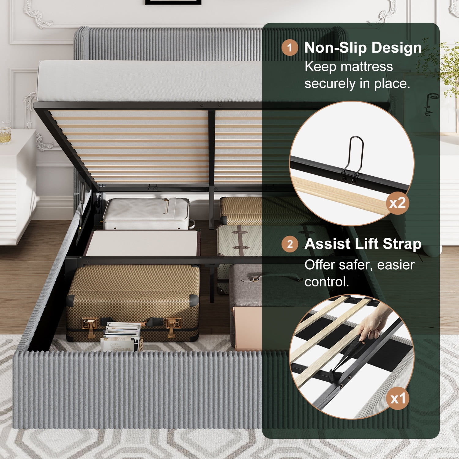 Amolife Full size Hydraulic Lift Storage Bed Frame with Wingback Headboard, Corduroy Upholstery, Gray