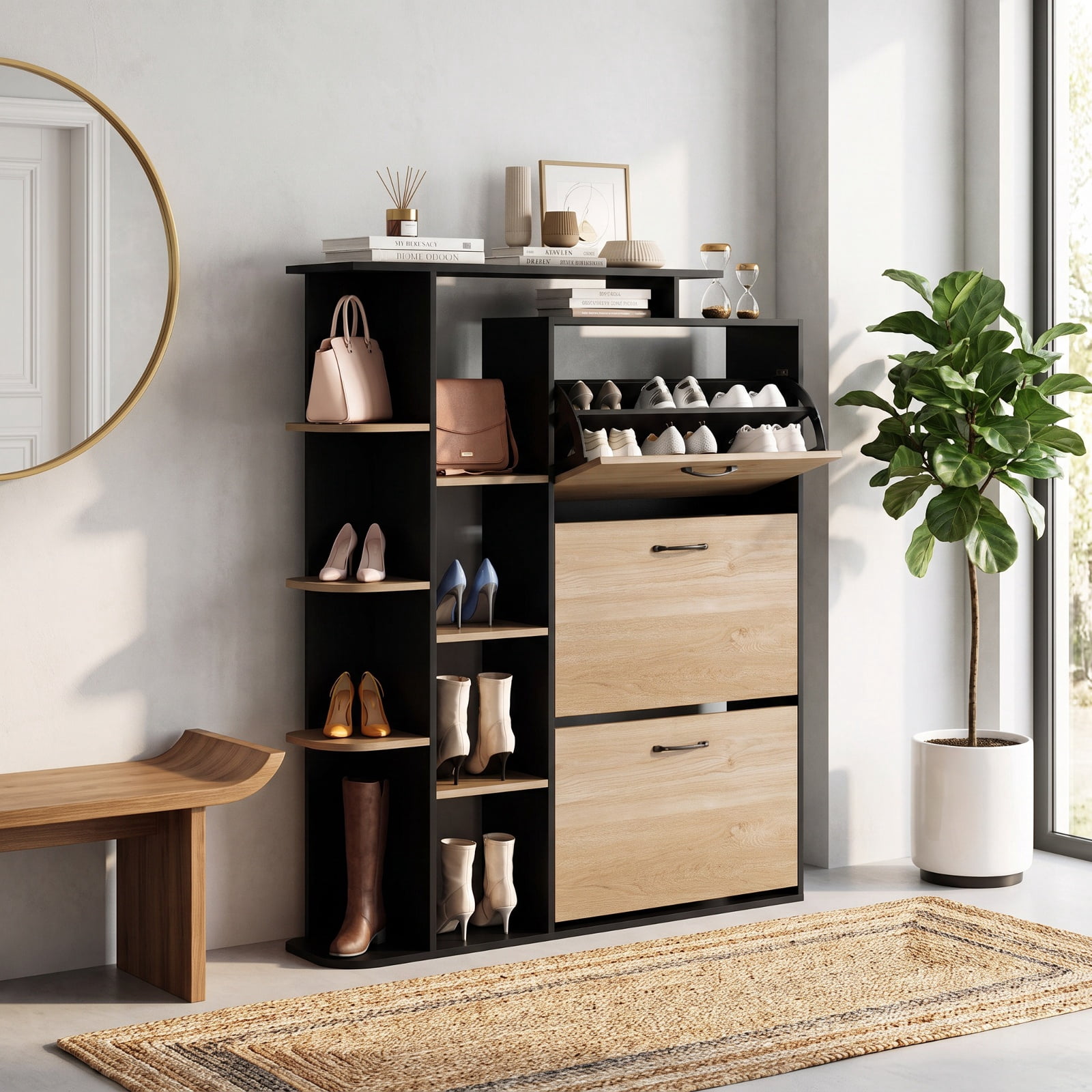 Furnibear Tall Shoe Cabinet with Open Shelves and 3 Flip Drawers Modern Freestanding Shoe Storage Organizer for Entryway Hallway, Black