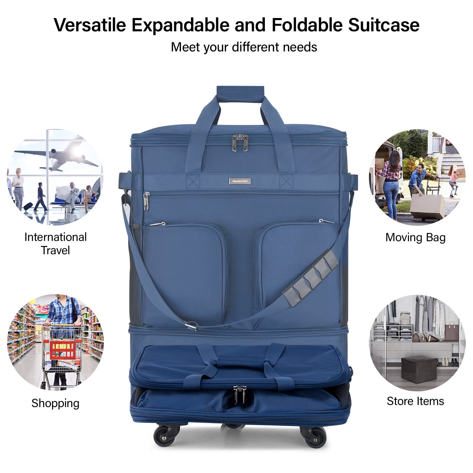 Hanke Suitcases with Wheels Expandable Foldable Luggage Bag Suitcase Collapsible Rolling Travel Bag Duffel Bag for Men Women Lightweight Suitcases,BLUE