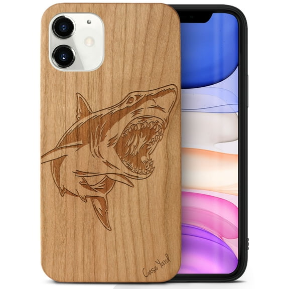 Case Yard Wooden Case Outside Soft TPU Silicone, Slim Fit Shockproof Wood Protective Phone Cover for Girls Boys Men and Women, Supports Wireless Charging Shark Design case for iPhone-11