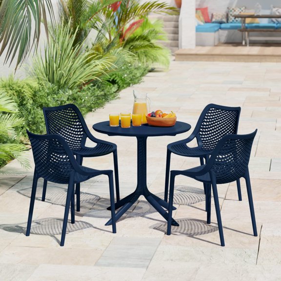 WestinTrends Playa 5-Piece Modern Round Patio Dining Table Set with Stackable Patio Dining Chairs, Navy Blue