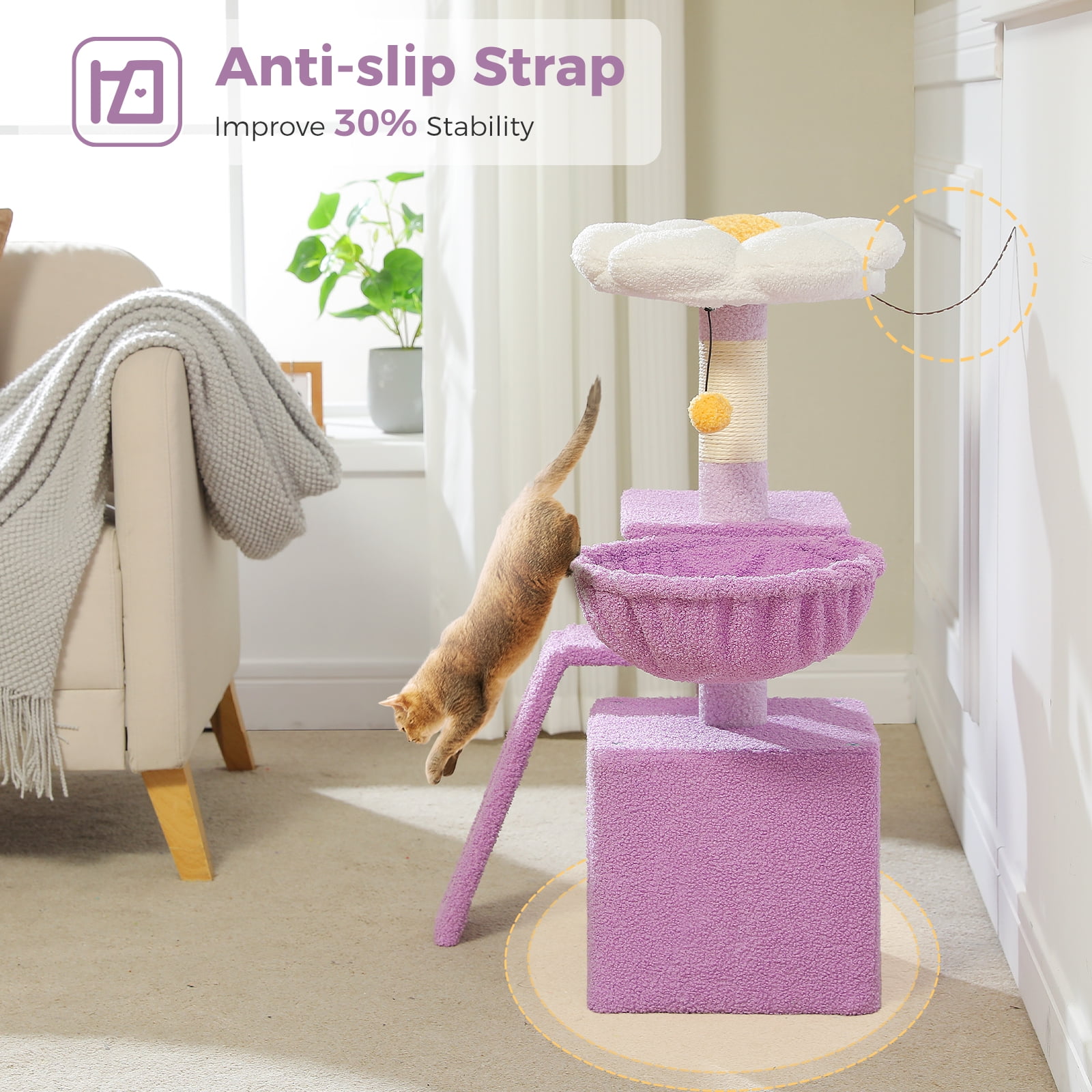 Pefilos 32" Cat Tree Tower, Cute Cat Condo with Sisal Scratching Ramp, Cozy Hammock and Removable Top Bed Perch for Indoor Kittens, Purple