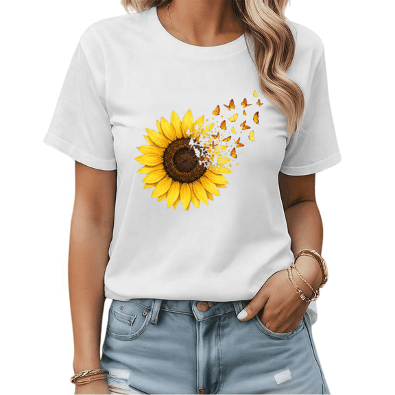 Nature Inspired Sunflower Butterfly Graphic Tees Womans T-shirt White S-5XL Shirts Group Outing Tops