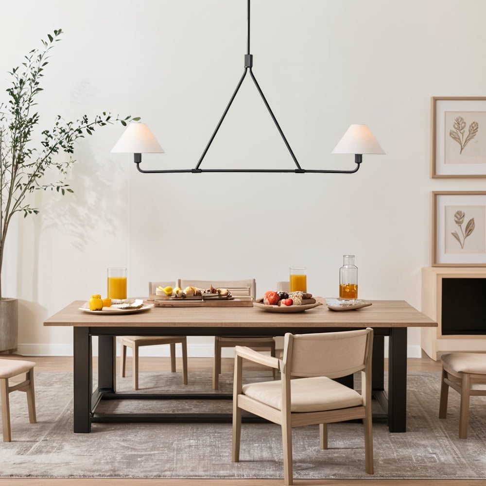 Natural Linen Pendant Light, Black Conical Light Fixture, 2-Light Ceiling Light with Tapered Shades, Ceiling Lamp for over Kitchen Island, Dining Room, Bedroom