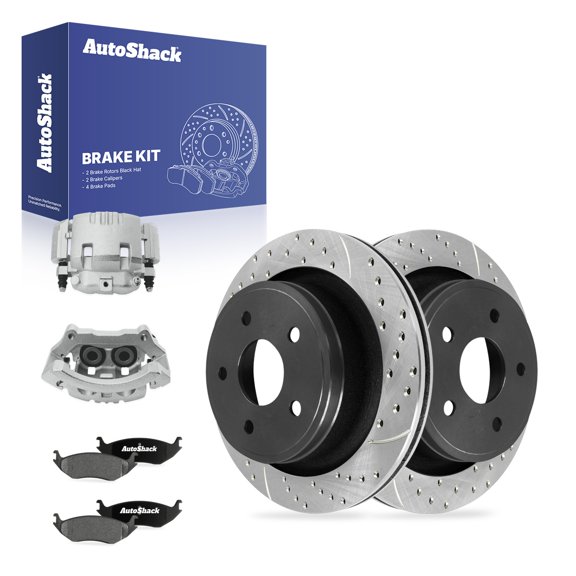 AutoShack Rear Vented Drilled & Slotted E-Coated Brake Rotors   Ceramic Pads   Calipers 8-PC Brake Kit Replacement for 2006-2008 Dodge Ram 1500 ShadowGuard 13.87" (352.2 mm)