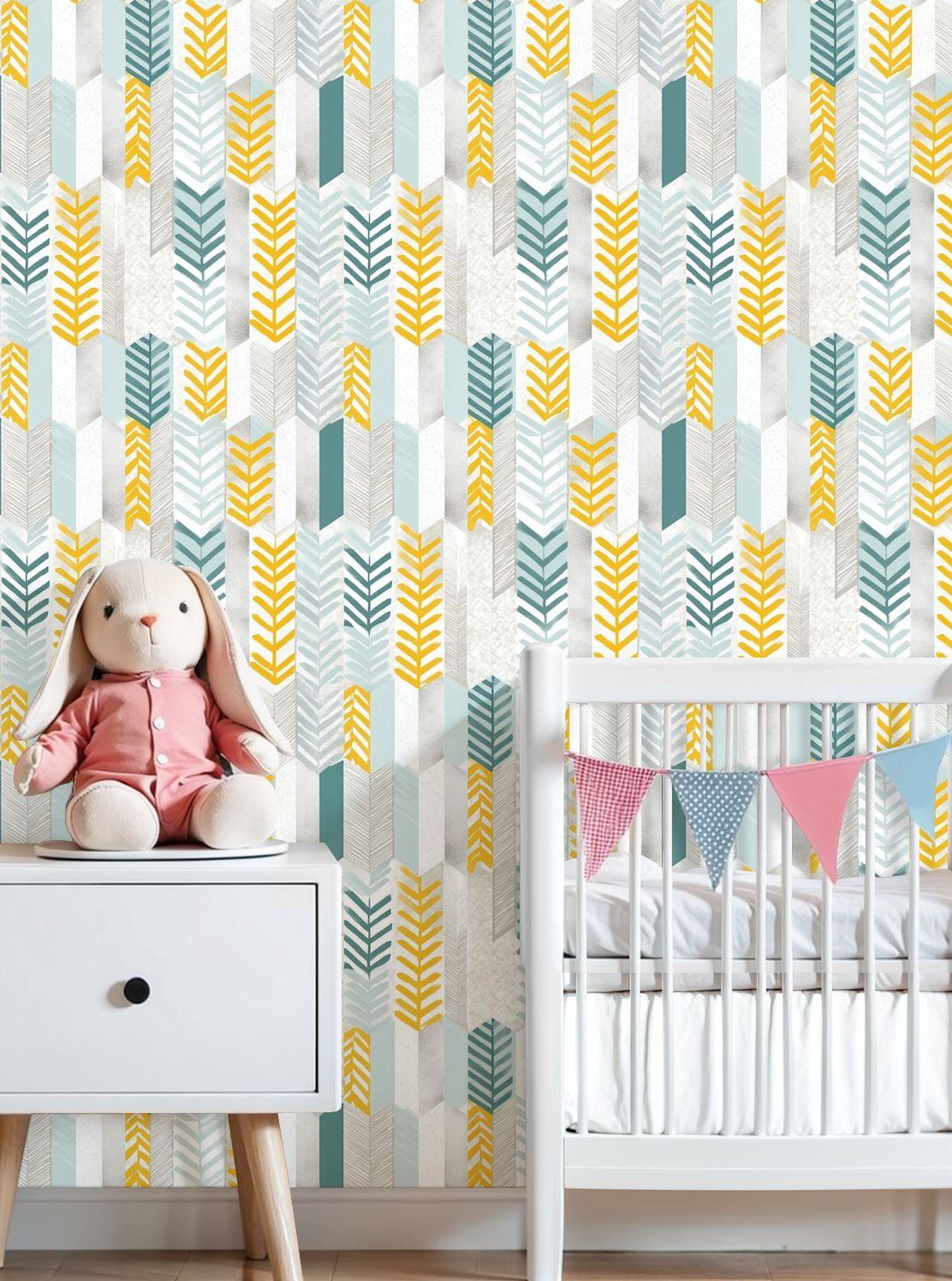Vintage Peel and Stick Wallpaper Geometric Leaf Yellow Teal White Modern Wall Mural 23.6in x 9.8ft Self Adhesive Removable Wall Paper Renter Friendly Wallpaper for Nursery Bedroom Cabinets