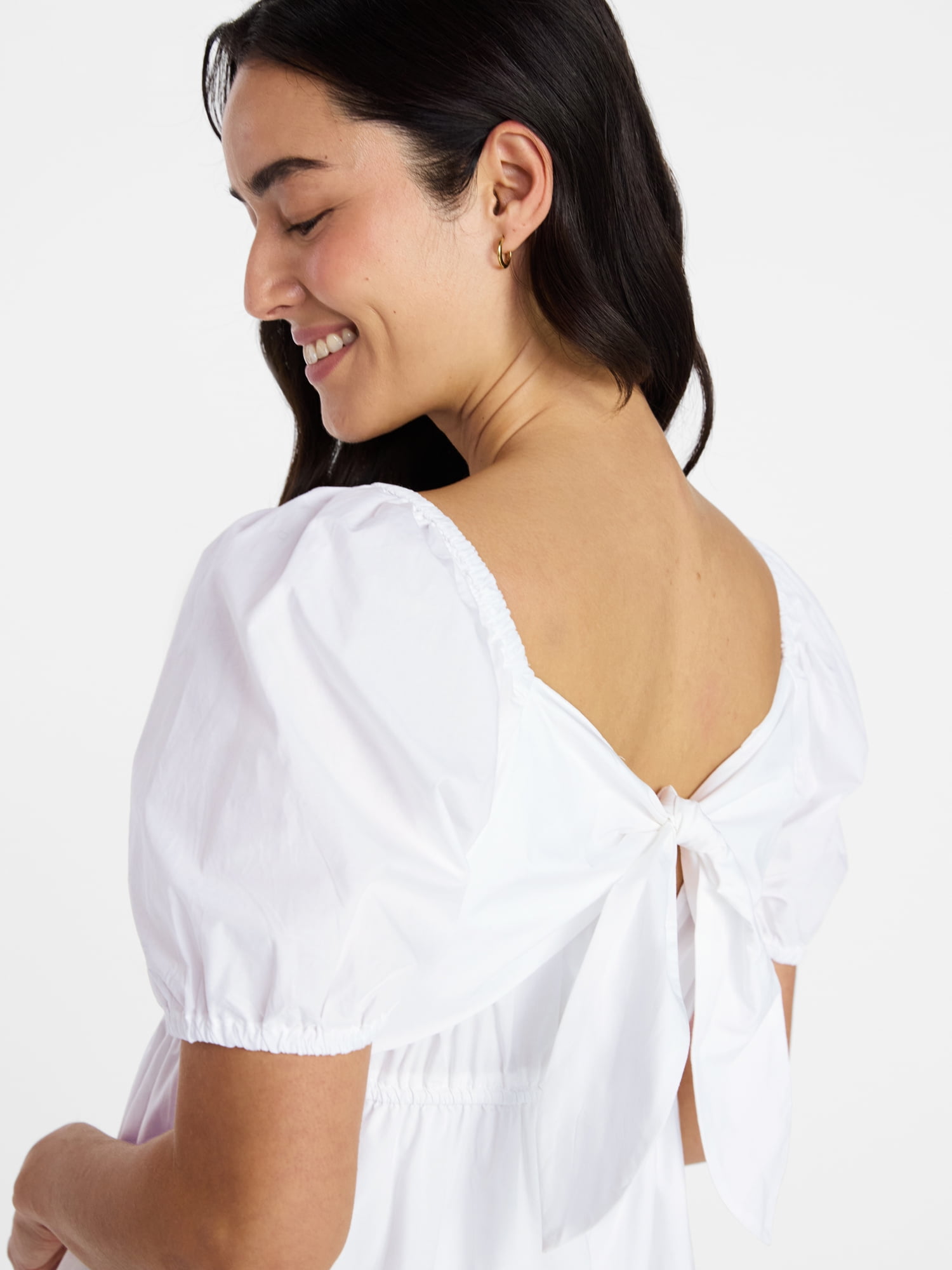 Time and Tru Women's and Women's Plus Cotton Back Tie Midi Dress with Short Puff Sleeves, Sizes XS-4X