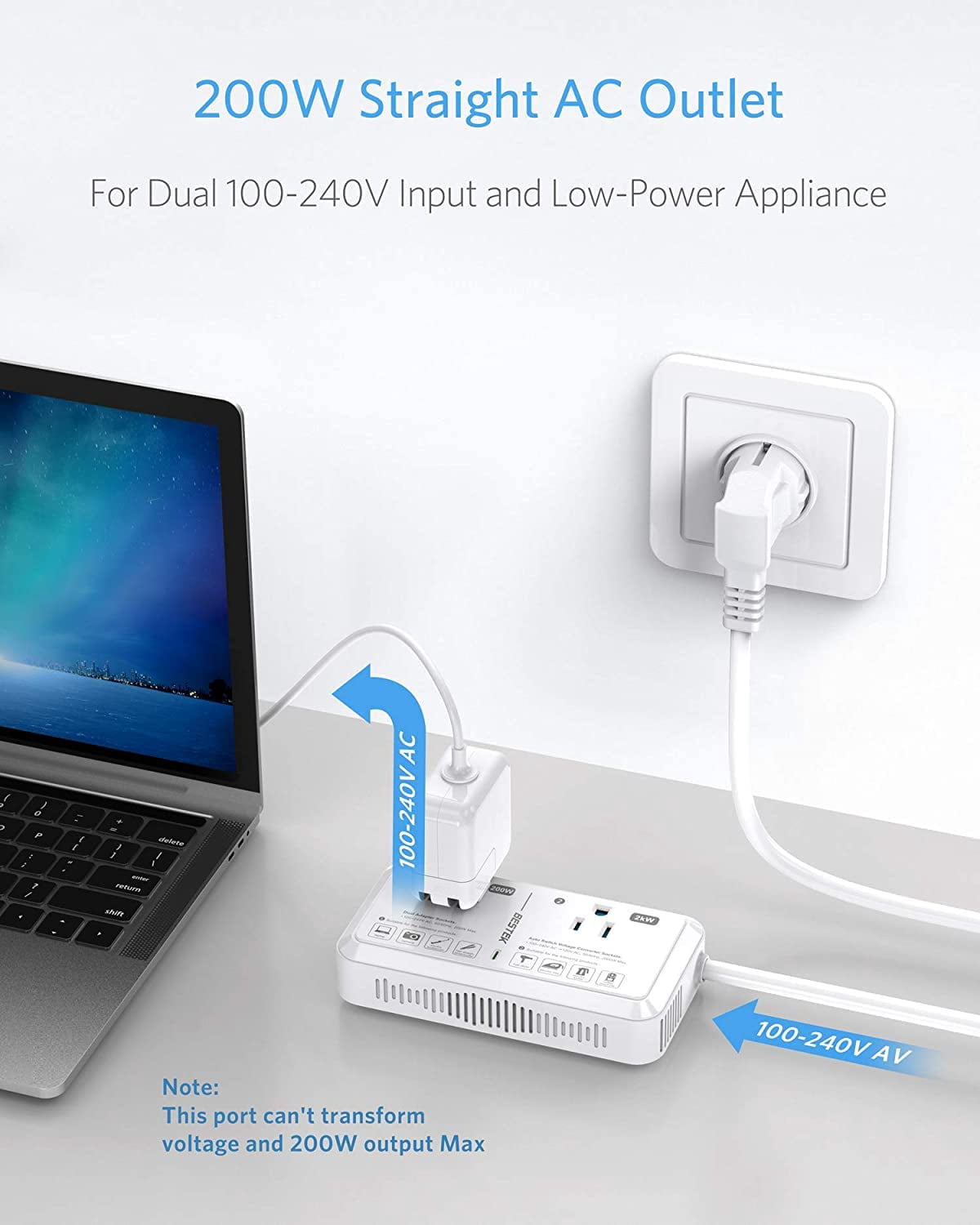 BESTEK 2000W Travel Voltage Converter, International Adapter 240V to 120V Step Down Converter with Dual USB Charging Ports for Laptop, Camera, Tablet & More