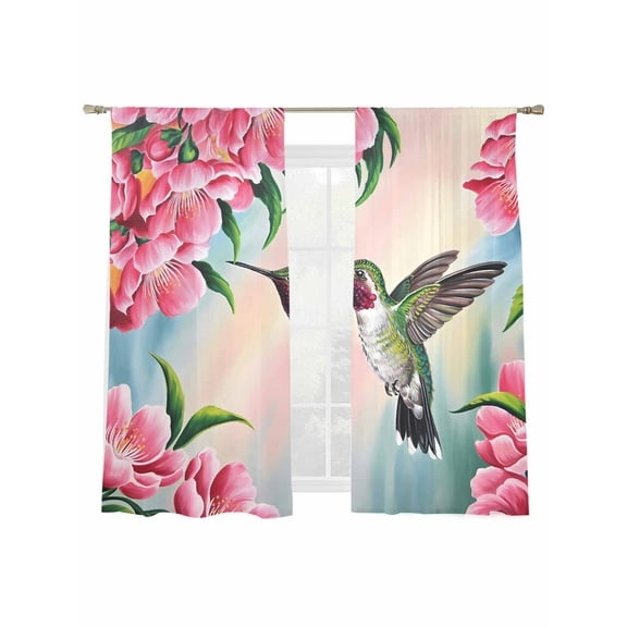 Bird Floral Sheer Curtains 63 Inch Long 2 Panels, Hummingbird Spring Decorative Pink Background Light Filtering Rod Pocket Semi Sheer Curtains, Sheer Voile Drapes for Living Room Bedroom, 52"x63"