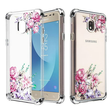 Samsung Galaxy J7 2018, J7 Refine, Galaxy J7 V 2nd Gen,Galaxy J7 Star Phone Case Hybrid Shockproof Armor Silicone Rubber Rugged Protective TPU Cover Clear Pink Flowers Case for Samsung Galaxy J7