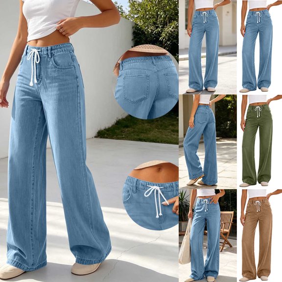 Dzrciro Denim Pants for Women, Drawstring High Waist Straight Leg Jeans with Side Pockets, Casual Daily Office Working Long Pants S-2XL
