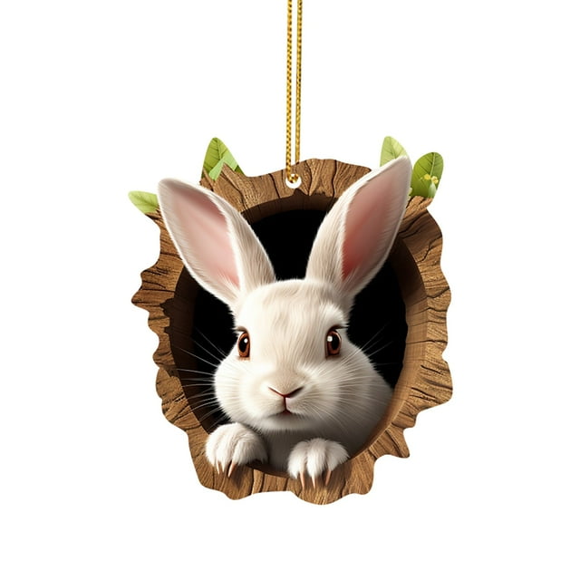 Colgante acrílico con conejito de Pascua en un agujero en un árbol. Una Pascua caprichosa para una celebración alegre.