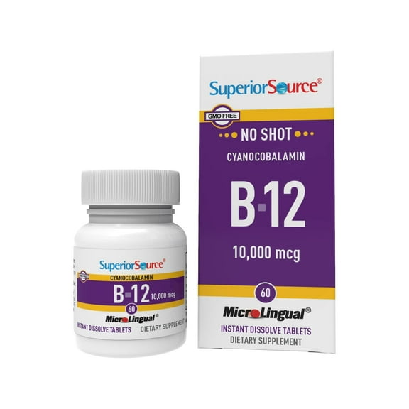 Superior Source No Shot Vitamin B-12 Cyanocobalamin 10000 mcg - Vitamin B-12 to Support Energy Production, Brain Health & Overall Wellness - Sublingual Tablets - 60 Dissolvable Tablets