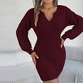 thumbnail image 5 of Lovskoo Sweater Dress for Women Trendy Casual Long Sleeve Bodycon Dress V-Neck Ladies Solid Outing Dresses Claret, 5 of 7