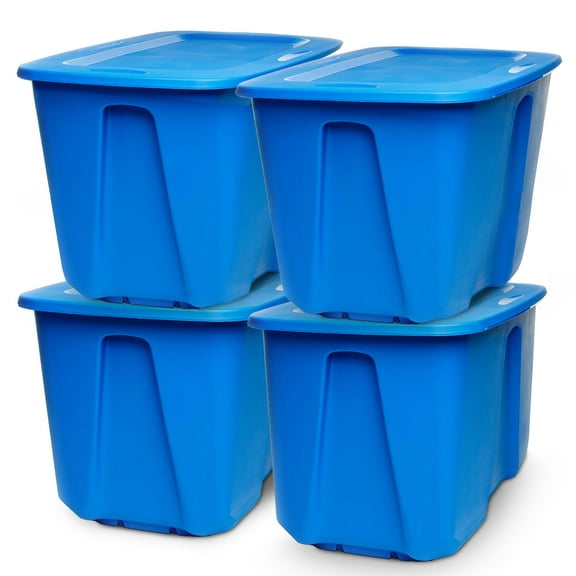 HOMZ Heavy-Duty Solid 32-Gallon Large Storage Bins with Lids, Blue, 4 Pack