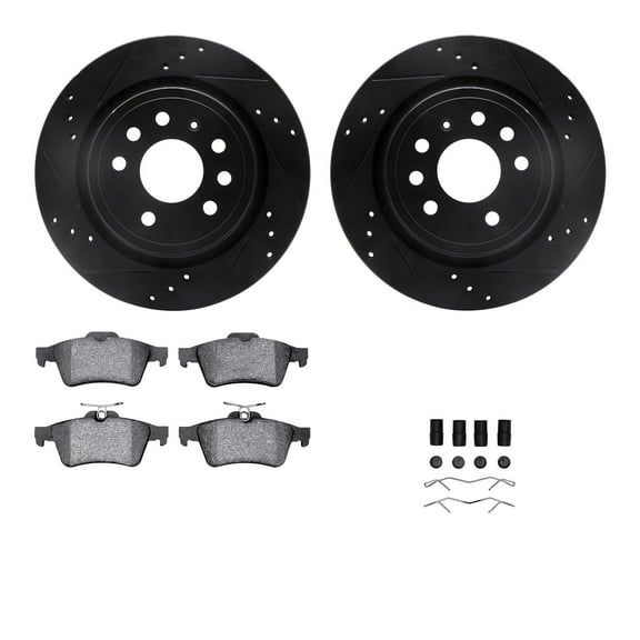 Dynamic Friction Company Rear Brake Rotors-Drilled and Slotted-Black with 5000 Euro Ceramic Brake Pads includes Hardware 8612-65014