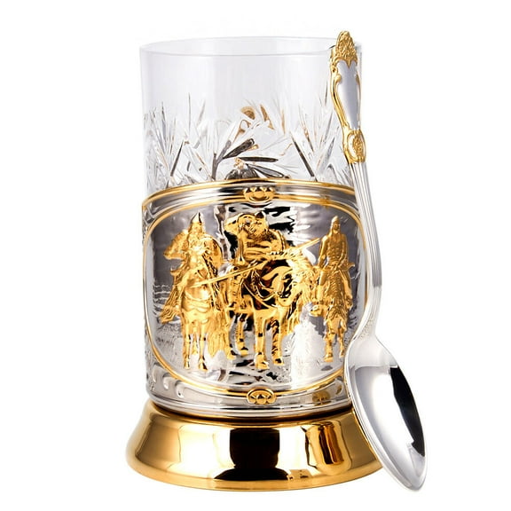 Classic Gold-Plated Tea Glass Holder Rssian Three Bogatyrs 4 Inch Kalchugino Podstakannik