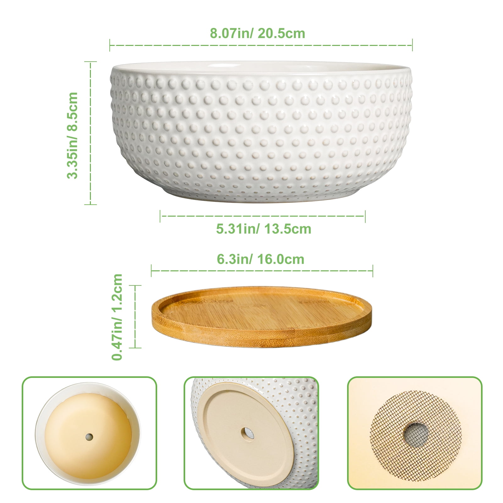 Ordivic 8 inch Round Off-White Ceramic Bonsai Pot with Drainage Hole & Saucer, Shallow Planter Bowl for Home Decor & Indoor Succulents