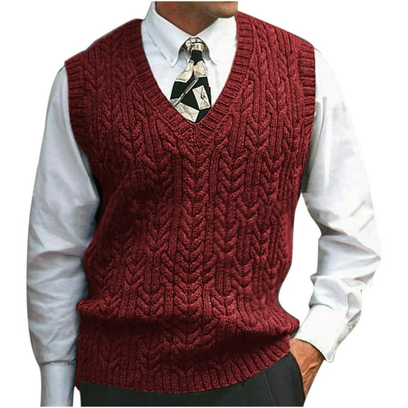 Seasonal Men's V Neck Winter Warm Outdoor Long Sleeve Knitted Sweater Vest Top Red 10(XL)