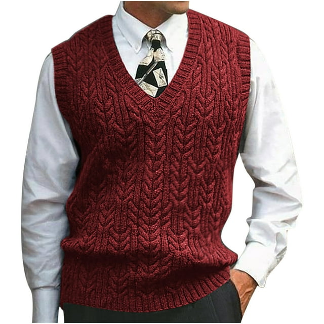 Rbaofujie Chandails à Capuchon et Chandails pour Hommes Mode pour Hommes Col en V Hiver Chaud Extérieur Manches Longues Chandail Tricoté Gilet Haut Rouge Chandail pour Enseignant