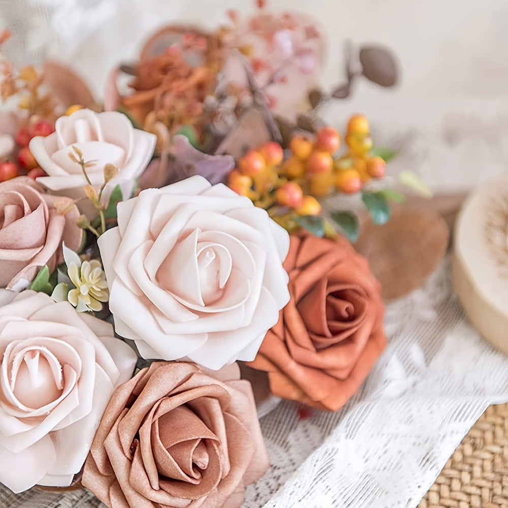 ACMDL  25pcs Simulation Flowers  Shades Of Burnt Orange Artificial Flowers For Outdoor Wedding Theme  Colors Fake Roses With Stem For DIY Outdoor Wedding Party Banquet Celebration Birthda