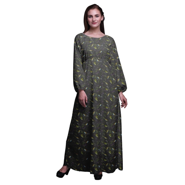 Bimba Robe Maxi à Manches Longues pour Femmes en Georgette Mousse Imprimée de Baies Bleues et d'Oiseau Flowerpecker - Grande