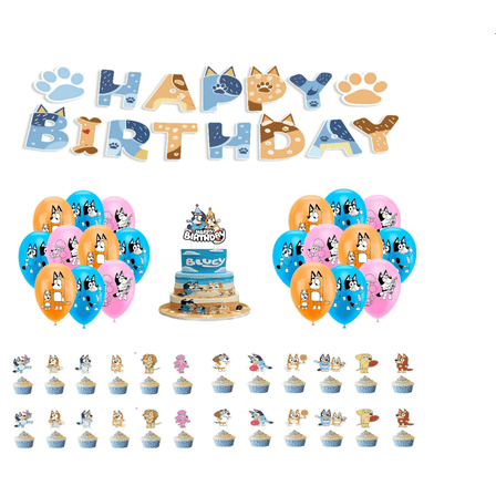 45 Pcs Birthday Bluey Party Decoration Set – Includes 1 Tablecloth, 1 Banner, 1 Cake Topper, 24 Cupcake Toppers, 18 Balloons,for Celebrations