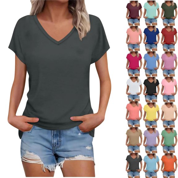 Tqcoqu V Neck T Shirts for Women - Summer Fashion Trendy Outfits Clothes - Batwing Sleeve Side Slit Casual Lightweight Womens T Shirt,Black Women's S-XXL