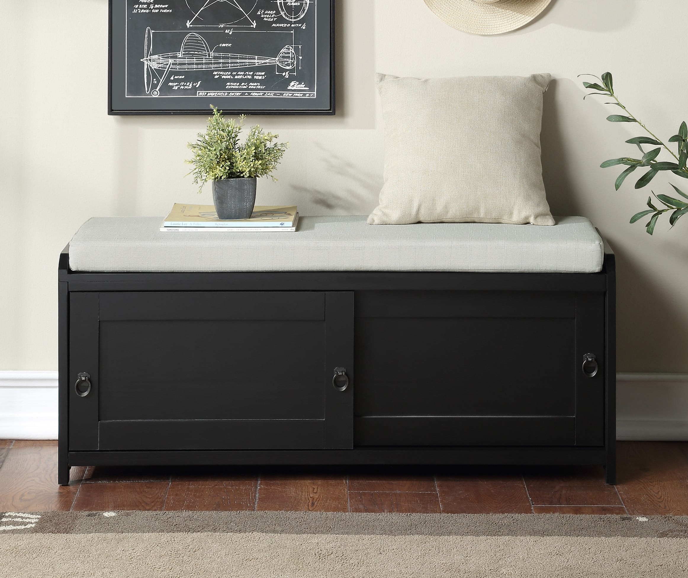 JINS&VICO Storage Bench, Wood Entryway Bench with 2 and Soft Cushion, Ottoman with