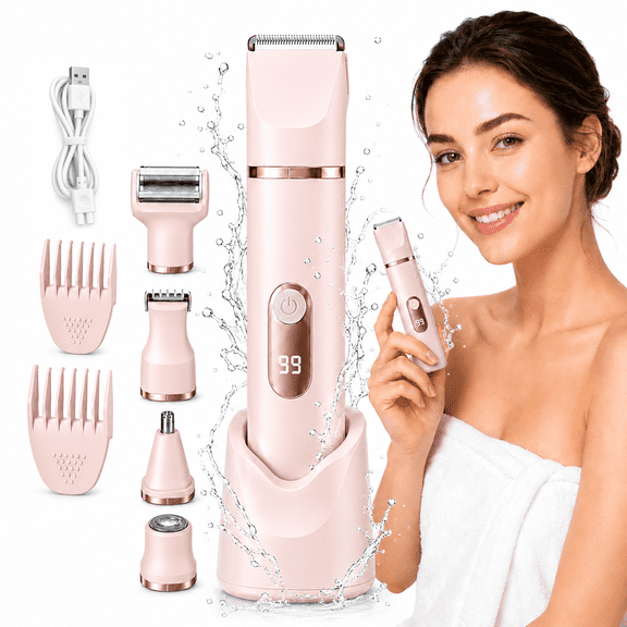 JUUTREN Electric Razor Shaver Bikini Trimmer for Women, 5-in-1 Painless Hair Remover & Epilator with LED Display, Rechargeable Cordless Bikini Hair Trimmer for Face, Legs, Underarm, nose & Body(Pink)