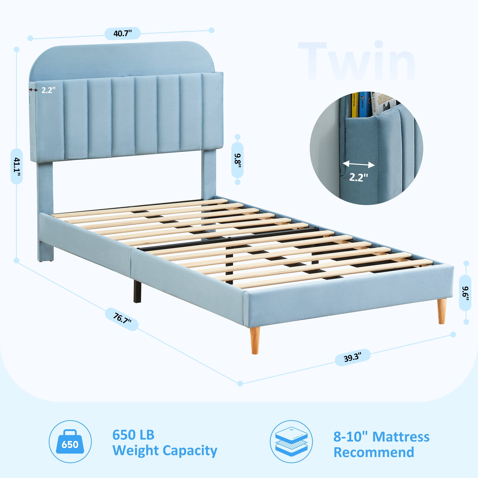 COZONY Twin Bed Frame, Velvet Upholstered Platform Bed w/ Bookcase Headboard, No Box Spring Needed, Noise-Free, Blue