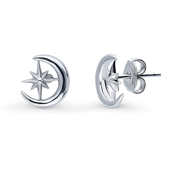BERRICLE Sterling Silver Crescent Moon North Star Fashion Stud Earrings for Women, Rhodium Plated