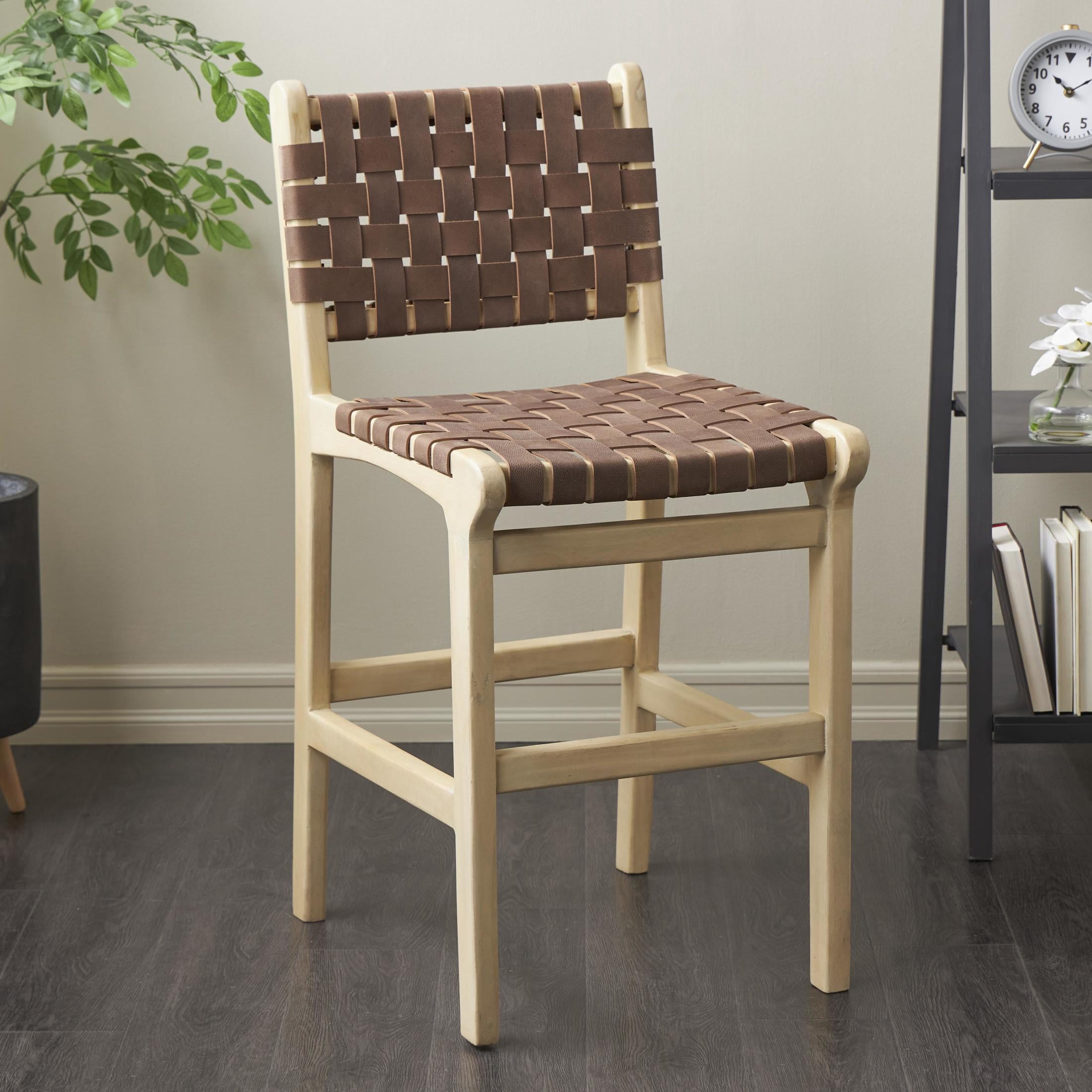 DecMode Mango Wood Handmade Woven Bar Stool with Light Brown Wood Frame with Backrest and Footrest, Brown