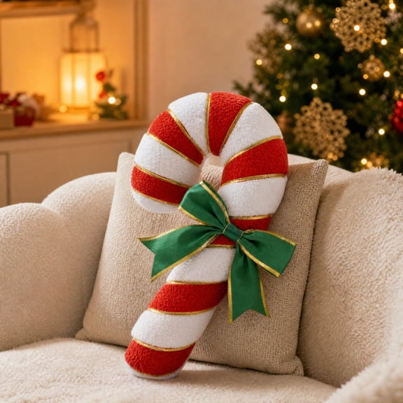 MInHoues Christmas Candy Cane Plush Throw Pillow,13.4 Inch Soft Fluffy Stuffed Candy Cane Cushion, Red‑White Striped Holiday Sofa Decor, Christmas Gift for Home Living Room Decoration