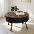 thumbnail image 2 of GZXS 31.5" Round Coffee Table with Hidden Storage & Flip-Over Lid, Carved Bohemian Tabletop & Solid Wood Legs, Two-Tone Design, Matte Black+Brown Finish, for Living Room/Vintage Decor, 2 of 9